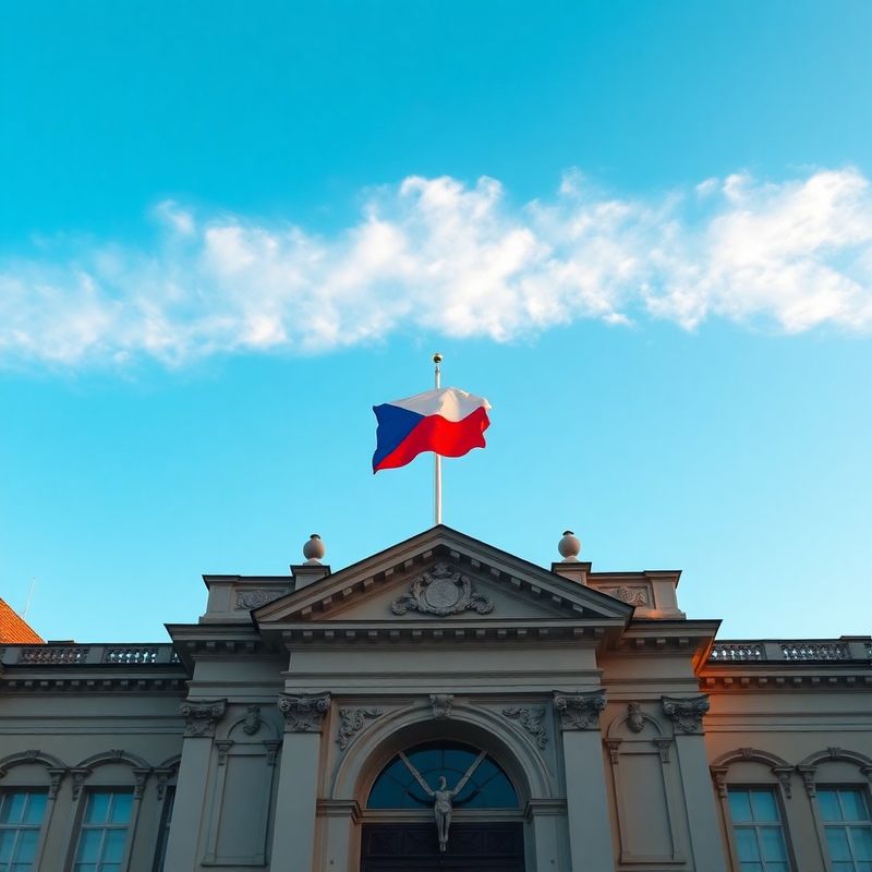 Fasáda vládní budovy v Praze s českou vlajkou pod azurovou oblohou