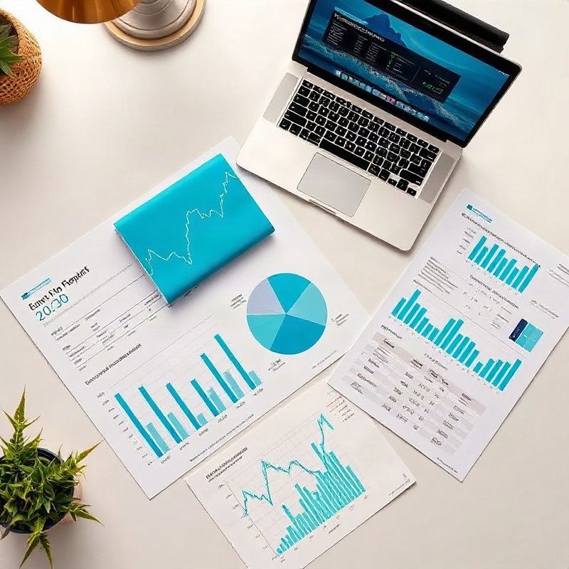 Redakční flat lay tištěných ekonomických zpráv a notebooku s datovými grafy